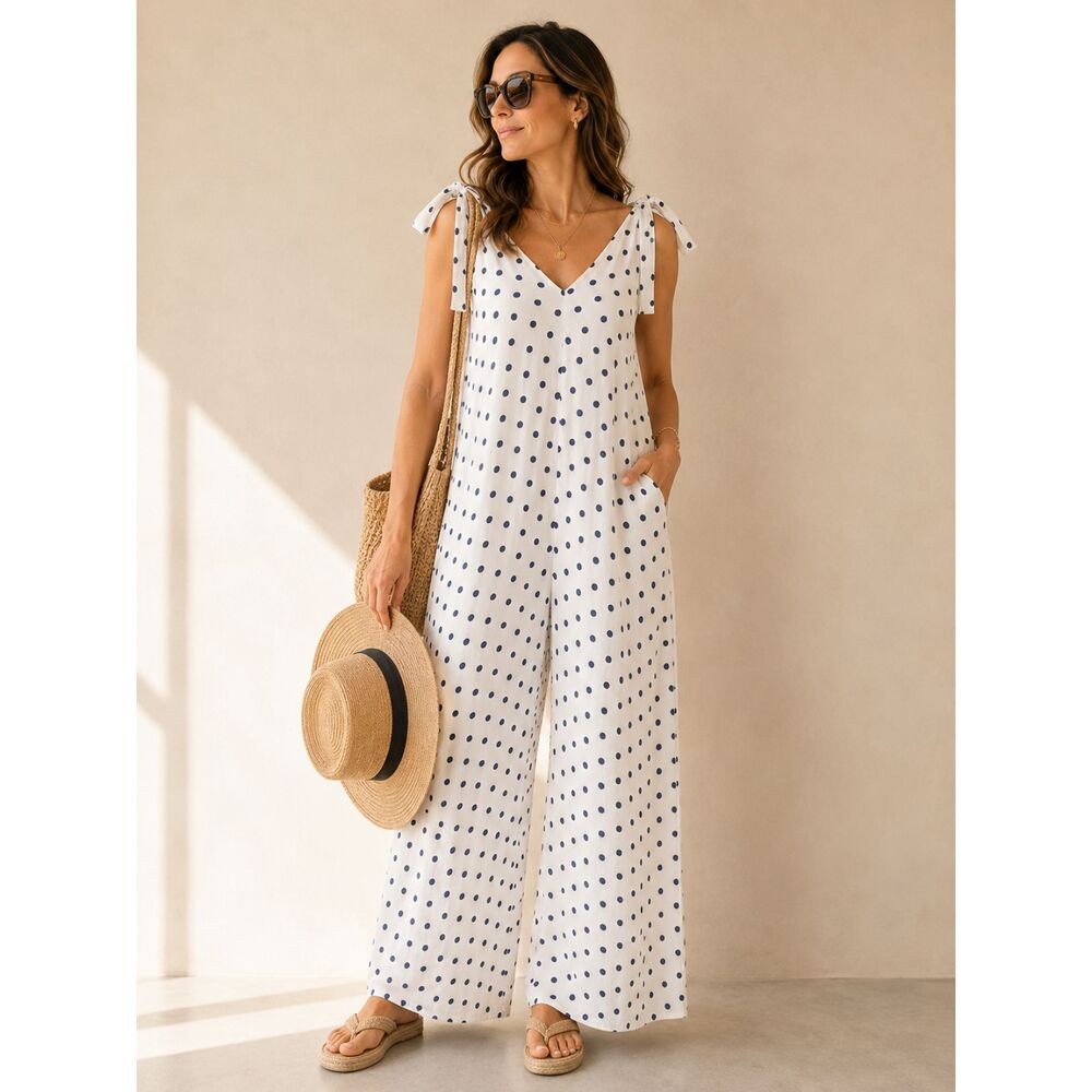 White Navy Polka Dot Linen Blend Wide Leg Jumpsuit Resort Vacation Coastal L XL